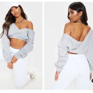 NWT pretty little thing grey marl crop off the shoulder sweater sz.M